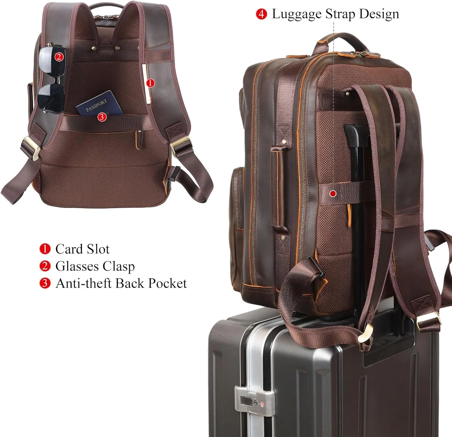 TIDING 17.3" Full Grain Leather Laptop Backpack for Men Multi Pockets Casual Daypack Business Travel Rucksack