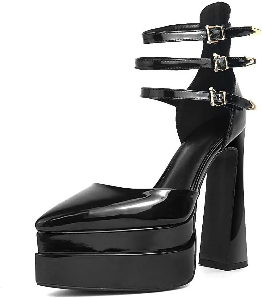 Tscoyuki Women's Fashion Pointed Toe Platform Heels, Buckle Straps Chunky Block High Heel Pumps Date Dress Shoes