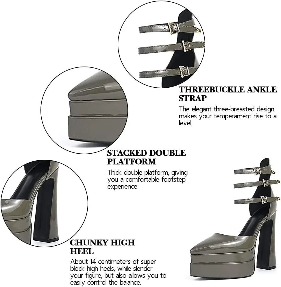 Tscoyuki Women's Fashion Pointed Toe Platform Heels, Buckle Straps Chunky Block High Heel Pumps Date Dress Shoes