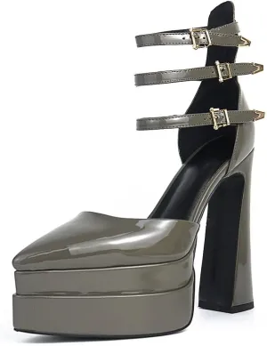 Tscoyuki Women's Fashion Pointed Toe Platform Heels, Buckle Straps Chunky Block High Heel Pumps Date Dress Shoes