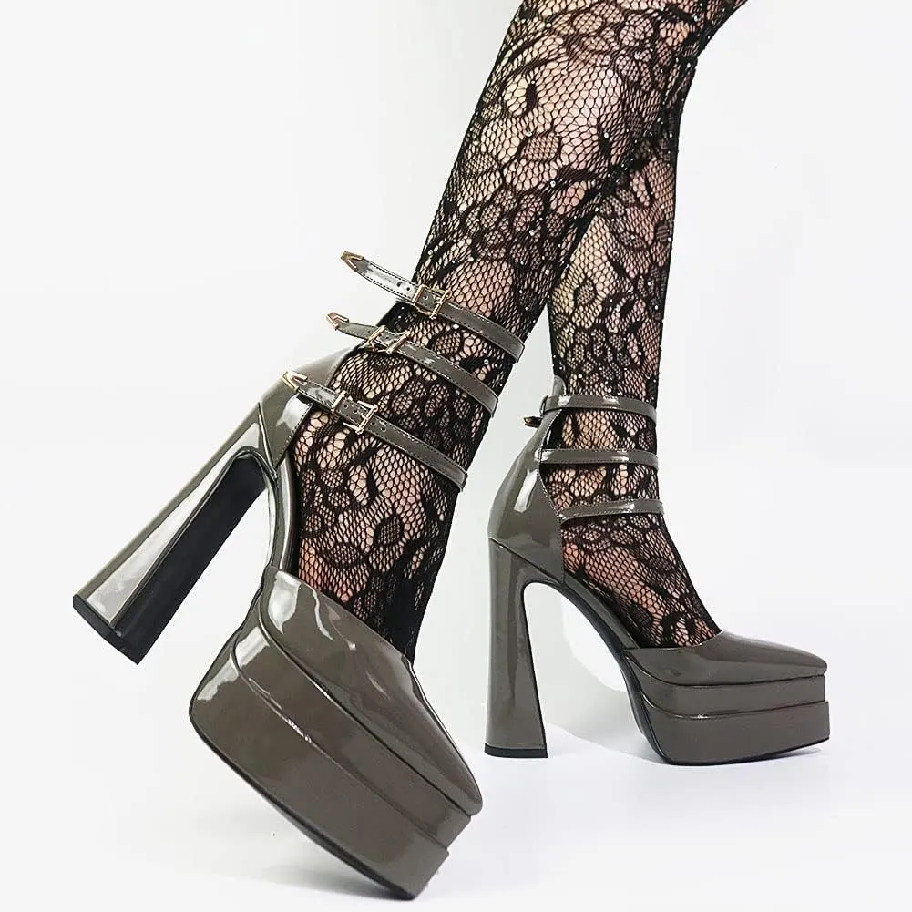 Tscoyuki Women's Fashion Pointed Toe Platform Heels, Buckle Straps Chunky Block High Heel Pumps Date Dress Shoes