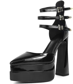 Tscoyuki Women's Fashion Pointed Toe Platform Heels, Buckle Straps Chunky Block High Heel Pumps Date Dress Shoes