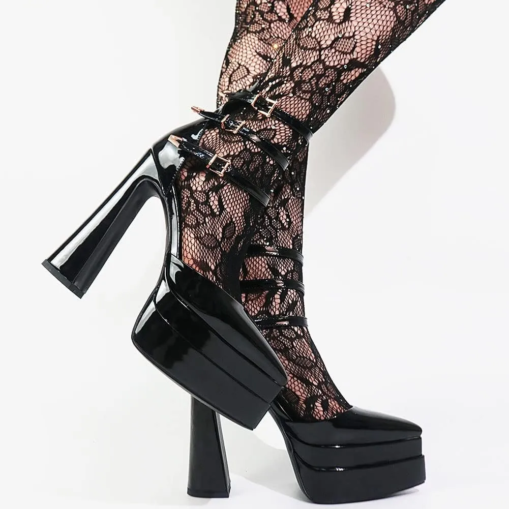 Tscoyuki Women's Fashion Pointed Toe Platform Heels, Buckle Straps Chunky Block High Heel Pumps Date Dress Shoes