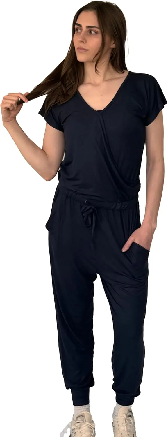 USBD V-neck Jumpsuits for Women Elegant Elastic Waist Stretchy Jumpsuit One-Piece Long Romper