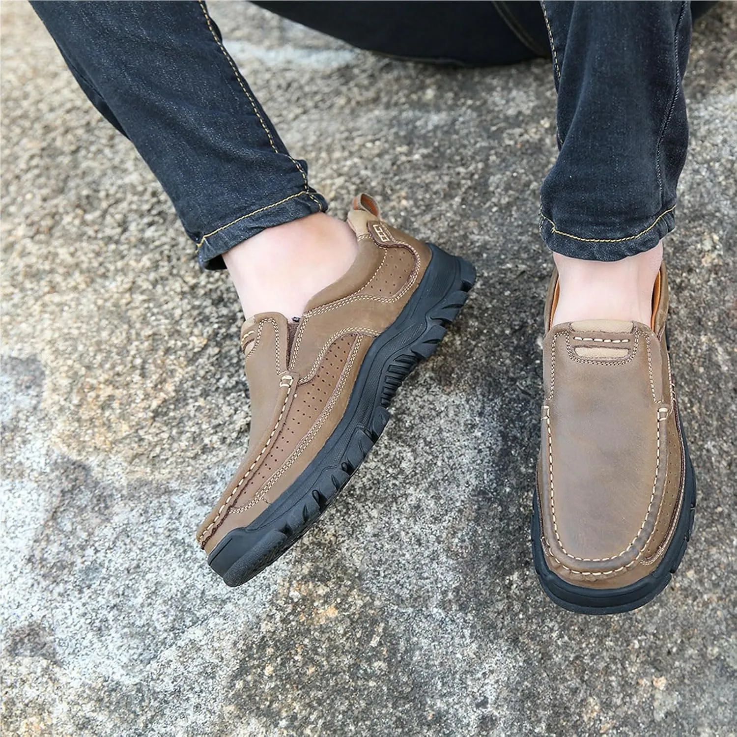 Venshine Mens Walking Shoes Leather Lightweight Breathable Casual Slip On Loafers