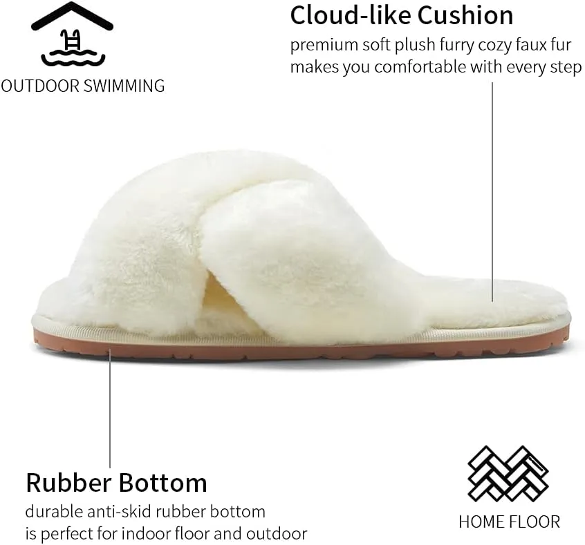 Vepose Women's 801 Cross Band Slippers, Soft Plush Furry Open Toe Fur Slides, Fuzzy Fluffy Slip on House Shoes Indoor Outdoor Slippers
