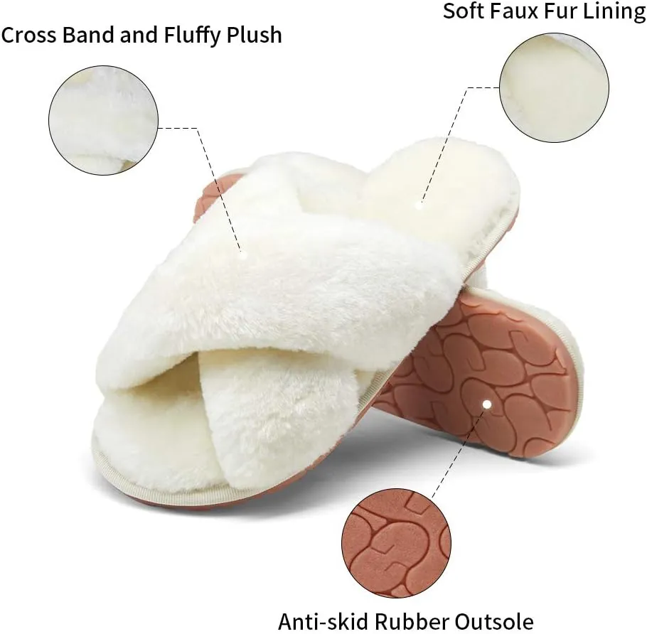 Vepose Women's 801 Cross Band Slippers, Soft Plush Furry Open Toe Fur Slides, Fuzzy Fluffy Slip on House Shoes Indoor Outdoor Slippers