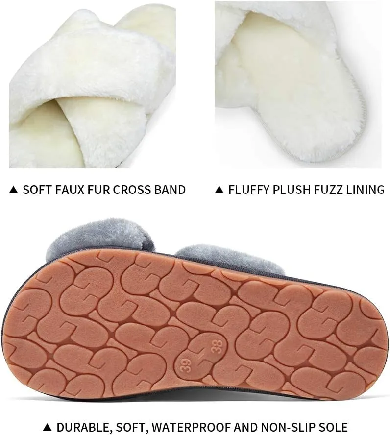Vepose Women's 801 Cross Band Slippers, Soft Plush Furry Open Toe Fur Slides, Fuzzy Fluffy Slip on House Shoes Indoor Outdoor Slippers