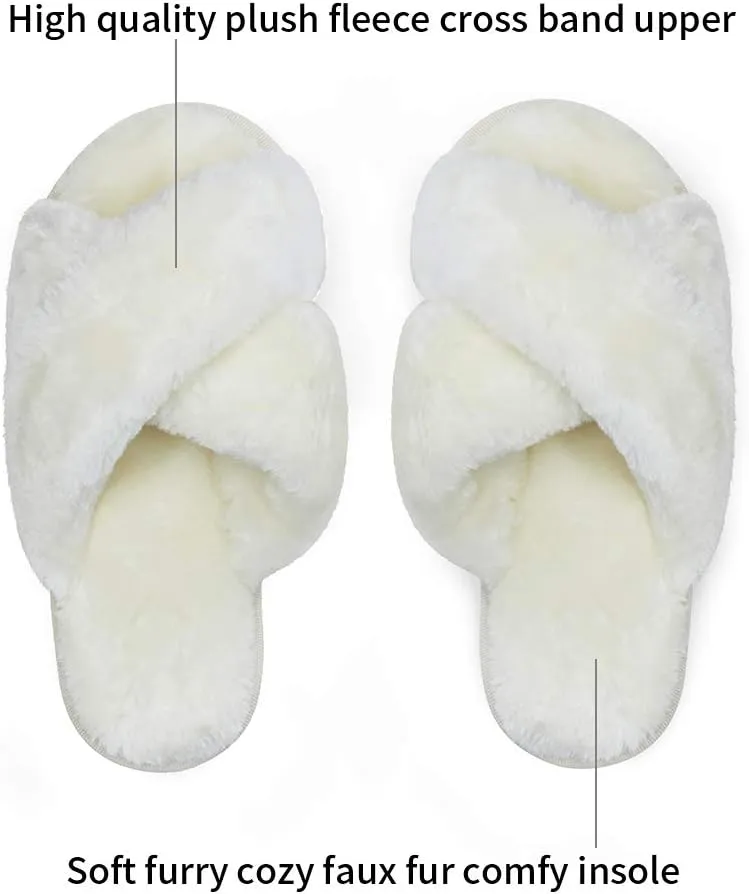 Vepose Women's 801 Cross Band Slippers, Soft Plush Furry Open Toe Fur Slides, Fuzzy Fluffy Slip on House Shoes Indoor Outdoor Slippers