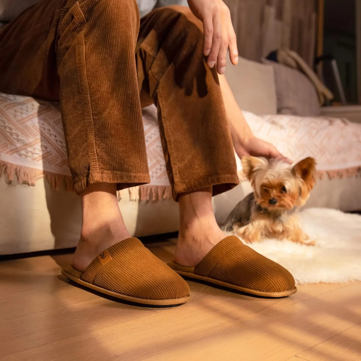 VeraCosy Men's Corduroy Scuff Slippers Soft Comfy Memory Foam Non-slip Indoor House Shoes