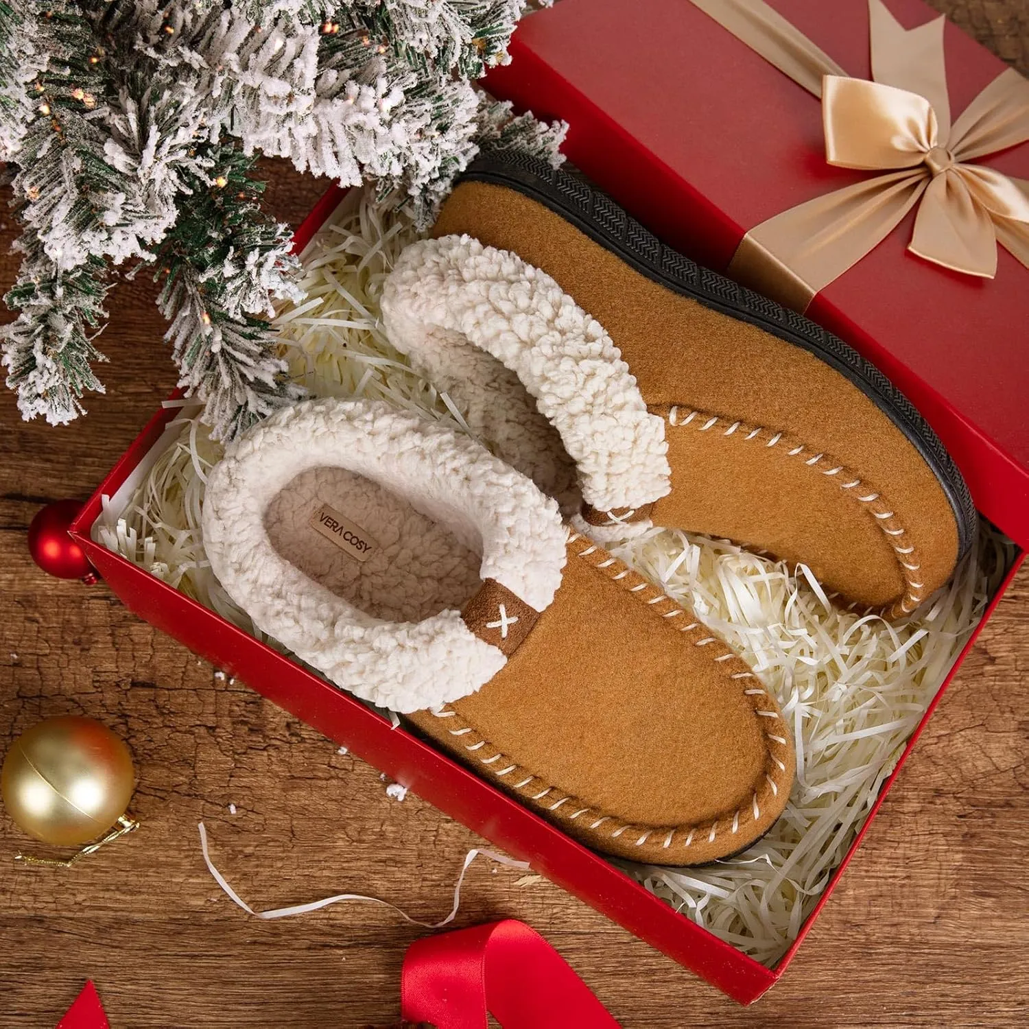 VeraCosy Women's Moccasin Slippers Warm Comfy Wool-felt Memory Foam Indoor House Shoes