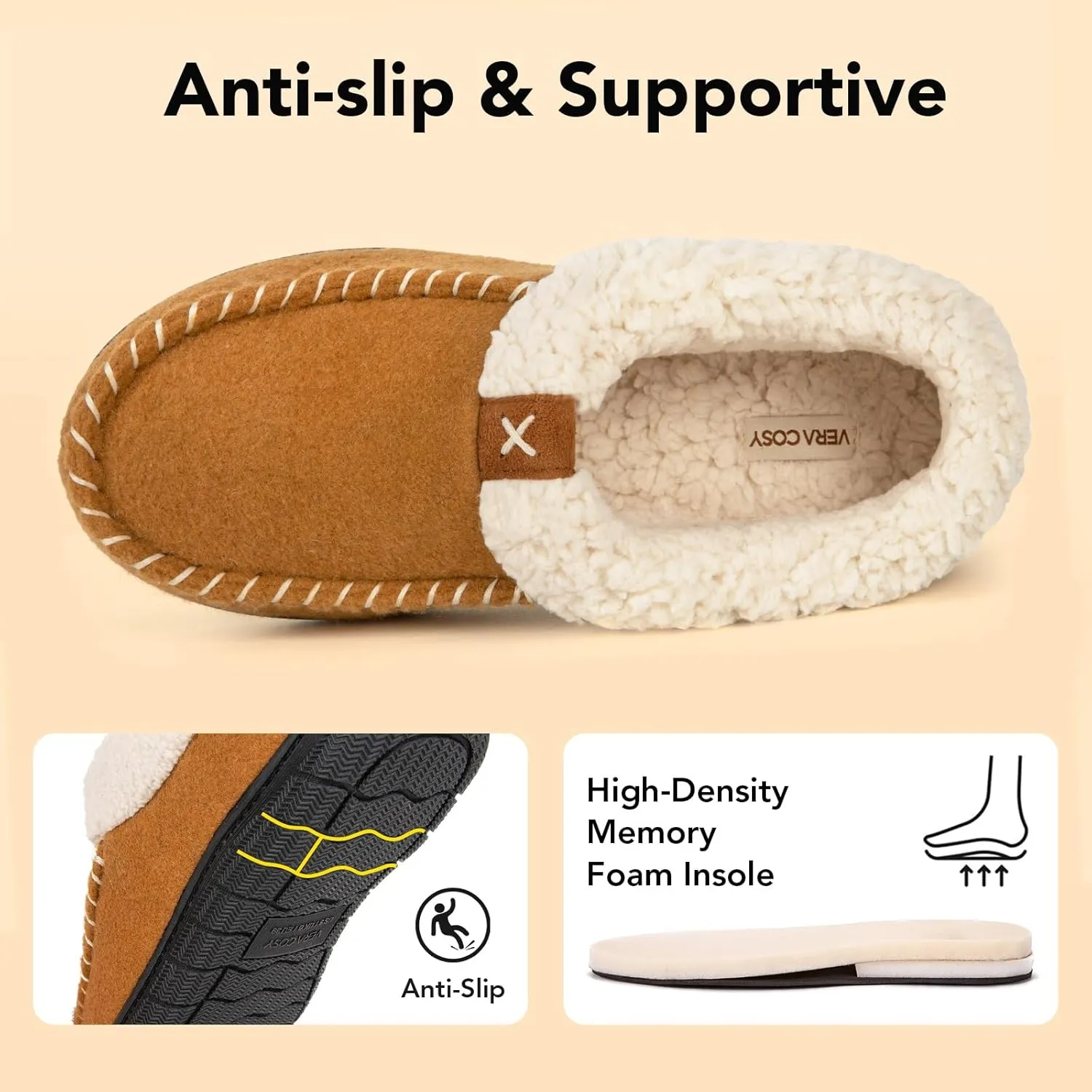 VeraCosy Women's Moccasin Slippers Warm Comfy Wool-felt Memory Foam Indoor House Shoes