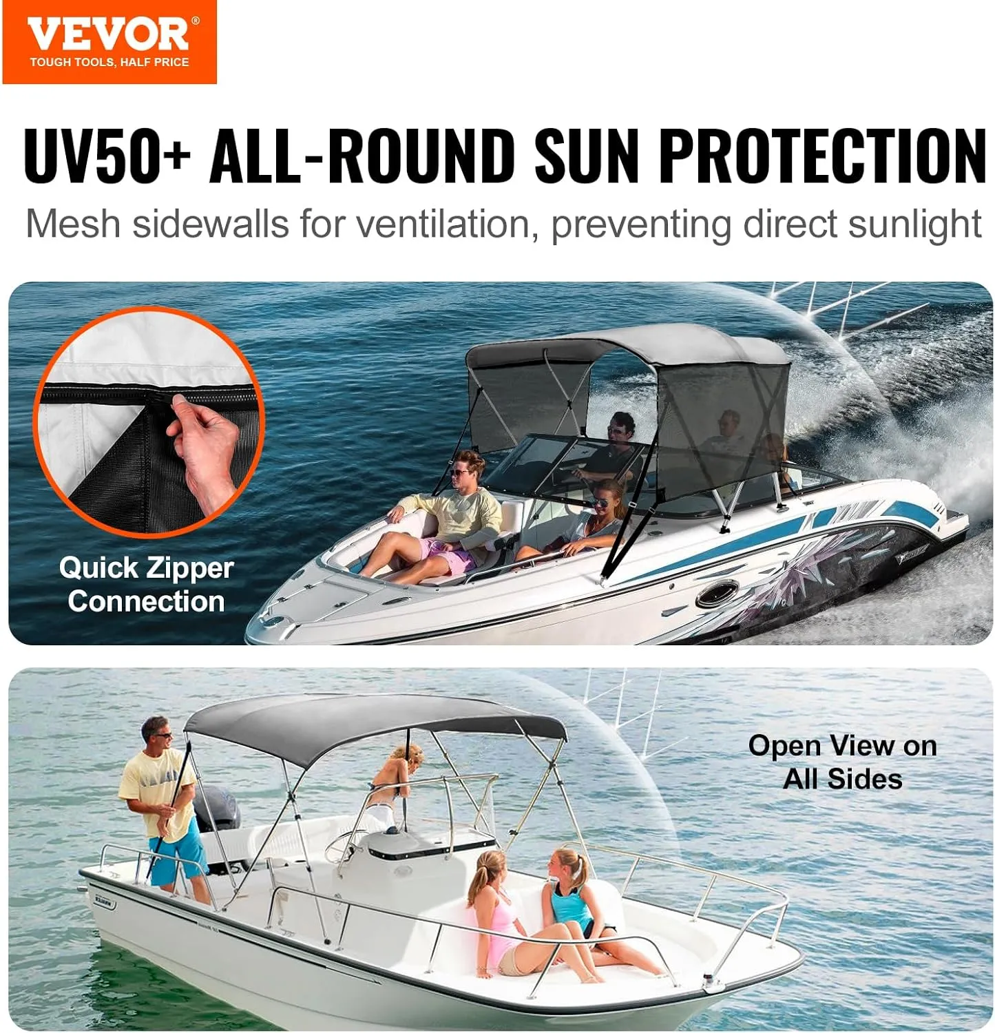 VEVOR 3 Bow Bimini Top Boat Cover, Detachable Mesh Sidewalls, 600D Polyester Canopy with 1" Aluminum Alloy Frame, Includes Storage Boot, 2 Support Poles, 2 Straps, 6'L x 46" H x 61"-66" W, Light Grey