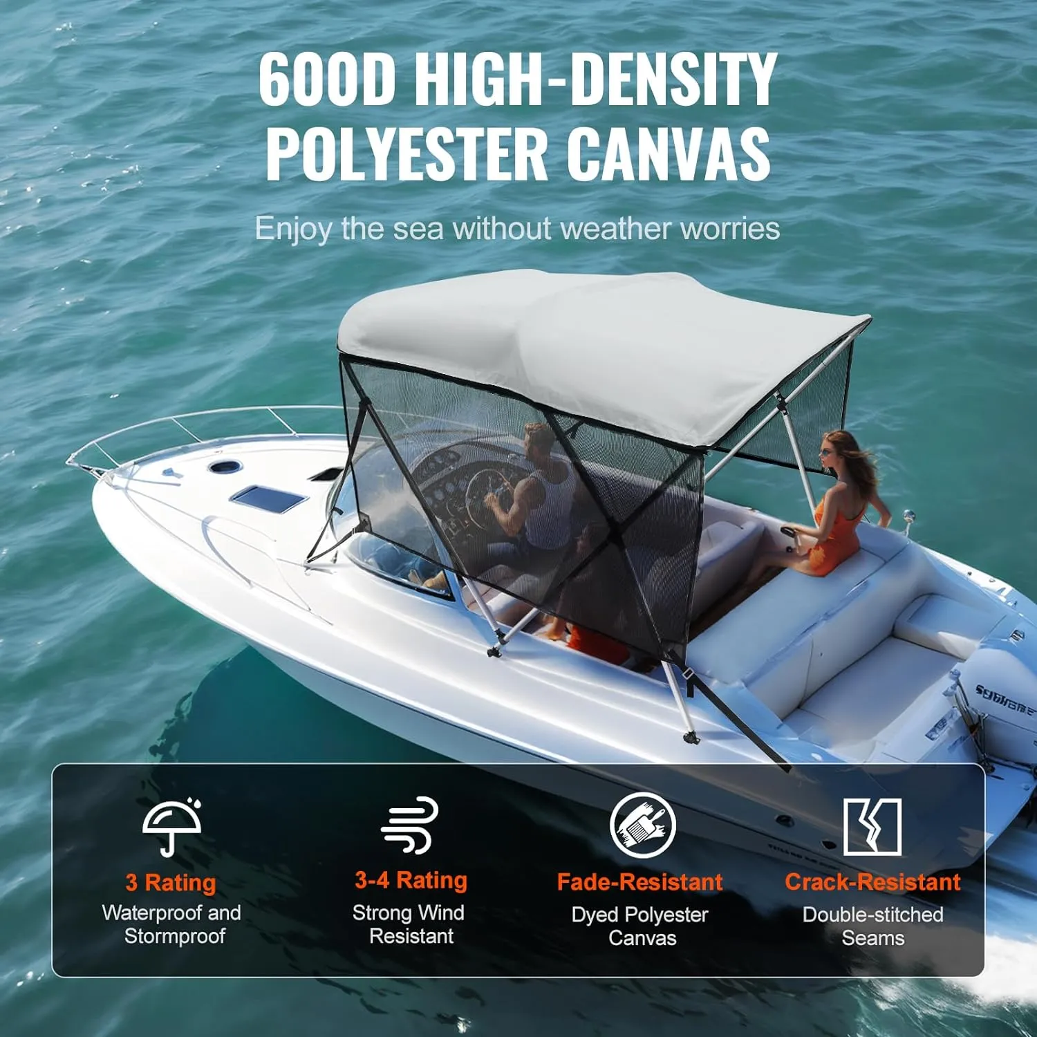 VEVOR 3 Bow Bimini Top Boat Cover, Detachable Mesh Sidewalls, 600D Polyester Canopy with 1" Aluminum Alloy Frame, Includes Storage Boot, 2 Support Poles, 2 Straps, 6'L x 46" H x 61"-66" W, Light Grey