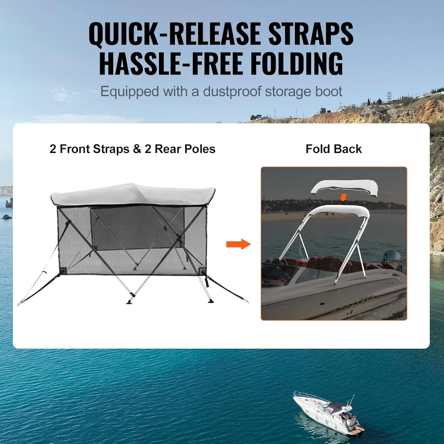 VEVOR 3 Bow Bimini Top Boat Cover, Detachable Mesh Sidewalls, 600D Polyester Canopy with 1" Aluminum Alloy Frame, Includes Storage Boot, 2 Support Poles, 2 Straps, 6'L x 46" H x 61"-66" W, Light Grey