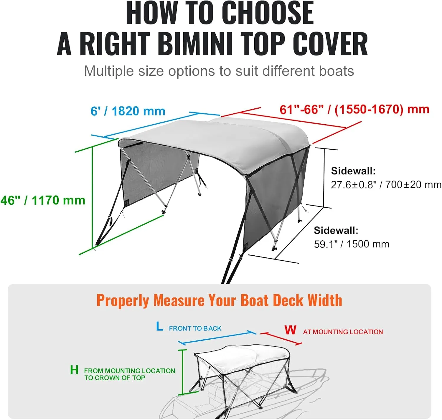 VEVOR 3 Bow Bimini Top Boat Cover, Detachable Mesh Sidewalls, 600D Polyester Canopy with 1" Aluminum Alloy Frame, Includes Storage Boot, 2 Support Poles, 2 Straps, 6'L x 46" H x 61"-66" W, Light Grey