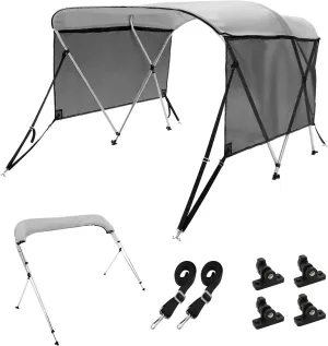 VEVOR 3 Bow Bimini Top Boat Cover, Detachable Mesh Sidewalls, 600D Polyester Canopy with 1" Aluminum Alloy Frame, Includes Storage Boot, 2 Support Poles, 2 Straps, 6'L x 46" H x 61"-66" W, Light Grey