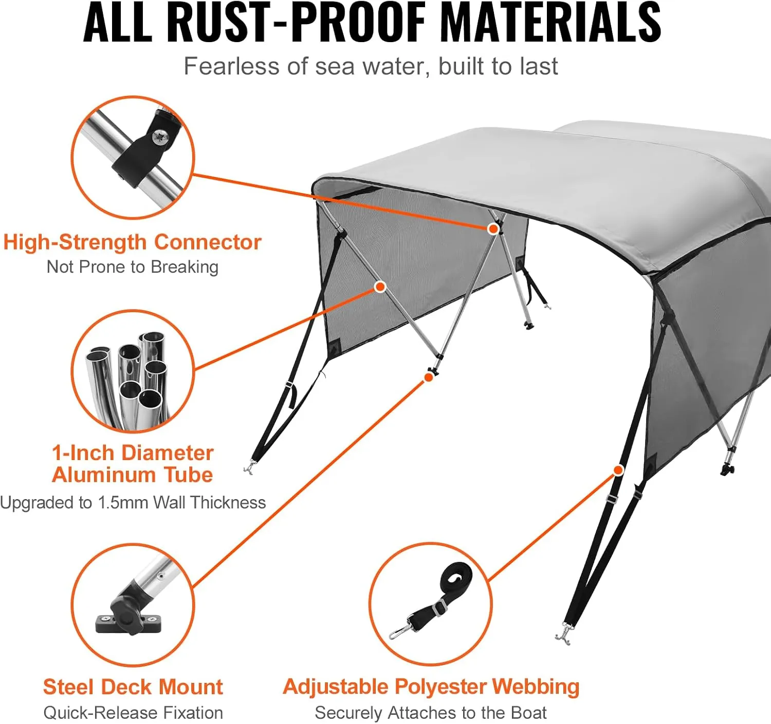VEVOR 3 Bow Bimini Top Boat Cover, Detachable Mesh Sidewalls, 600D Polyester Canopy with 1" Aluminum Alloy Frame, Includes Storage Boot, 2 Support Poles, 2 Straps, 6'L x 46" H x 61"-66" W, Light Grey