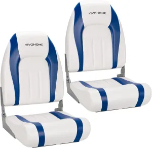 VIVOHOME Folding High Back Boat Seats 2 Pack, Waterproof Boat Captain Chairs, 4 Mounting Screws Included, White and Blue