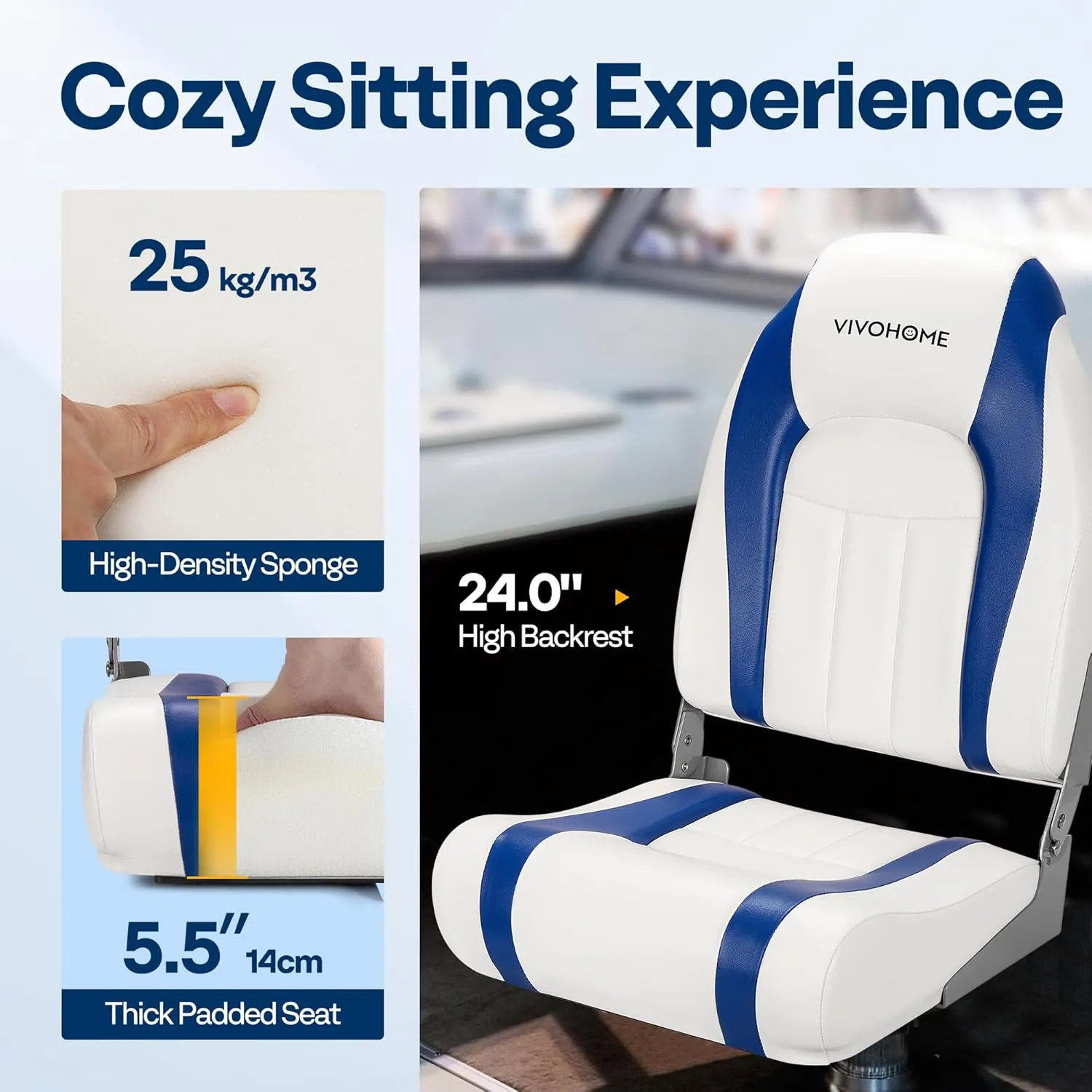 VIVOHOME Folding High Back Boat Seats 2 Pack, Waterproof Boat Captain Chairs, 4 Mounting Screws Included, White and Blue