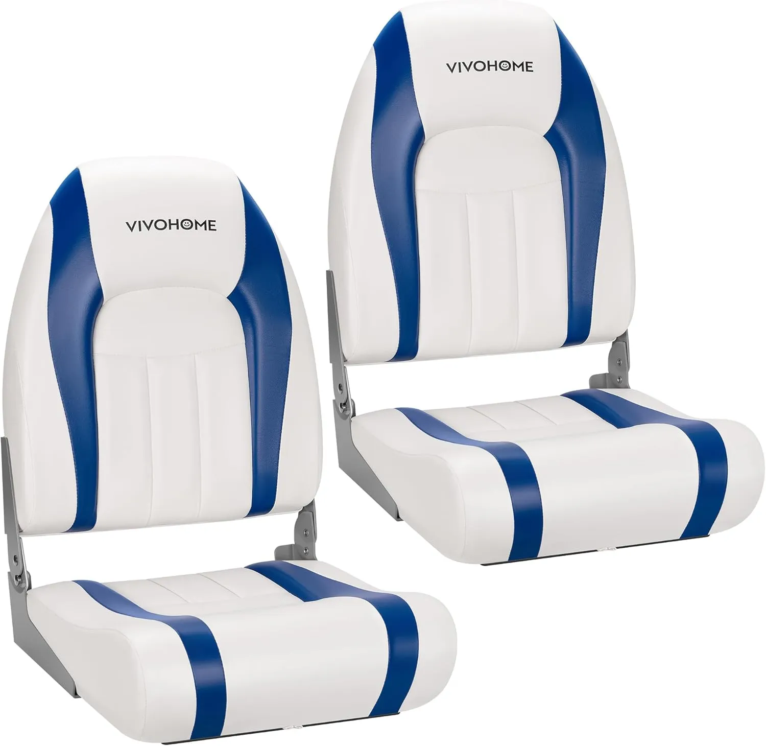 VIVOHOME Folding High Back Boat Seats 2 Pack, Waterproof Boat Captain Chairs, 4 Mounting Screws Included, White and Blue