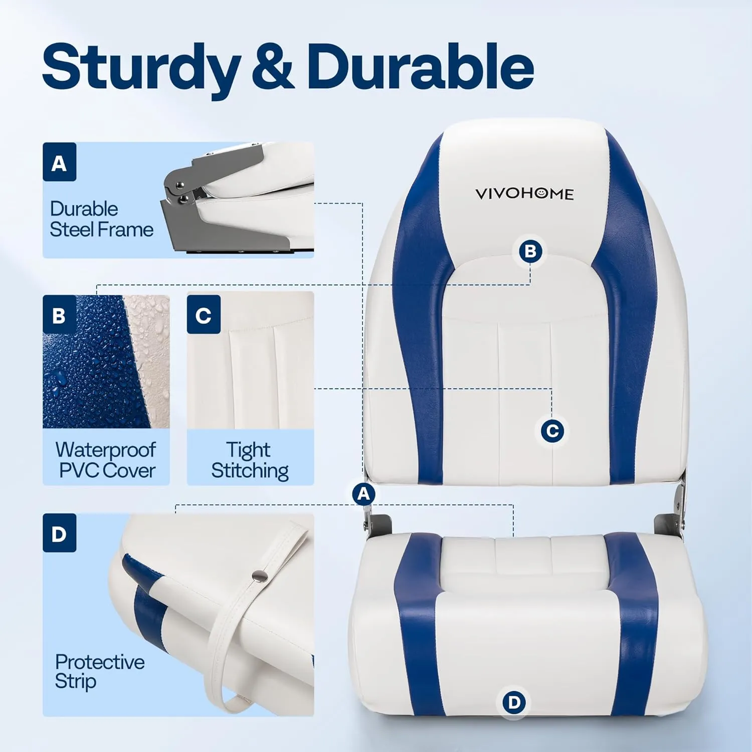 VIVOHOME Folding High Back Boat Seats 2 Pack, Waterproof Boat Captain Chairs, 4 Mounting Screws Included, White and Blue
