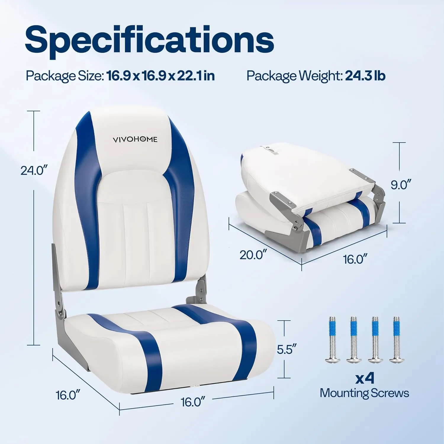 VIVOHOME Folding High Back Boat Seats 2 Pack, Waterproof Boat Captain Chairs, 4 Mounting Screws Included, White and Blue