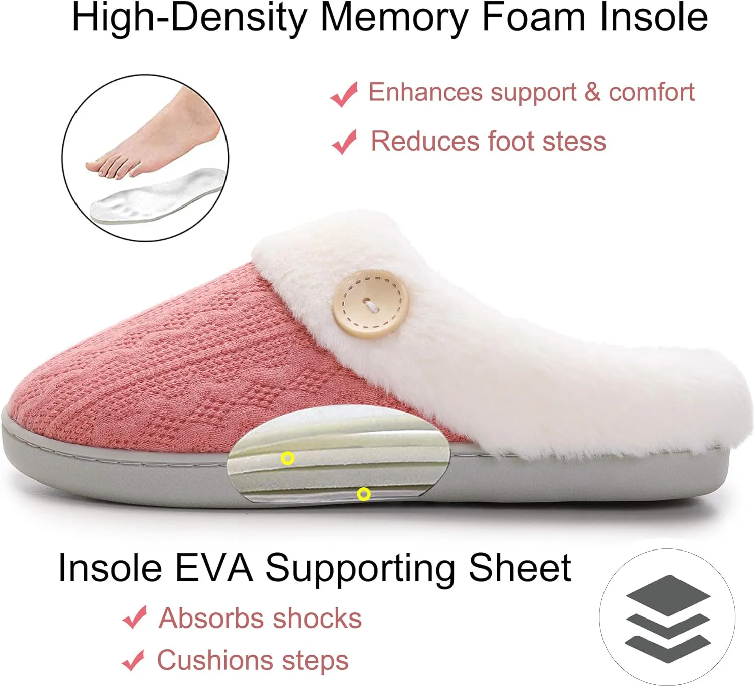 Vonluxe Women's Fuzzy House Slippers Comfy Memory Foam Bedroom Slippers Warm Slip On Light Shoes Outdoor Indoor Faux Fur Lined
