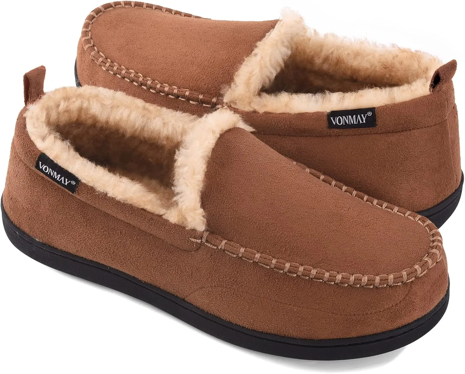 VONMAY Men's Moccasin Slippers Fuzzy House Shoes Fluffy Fur Home Warm Memory Foam Indoor Outdoor