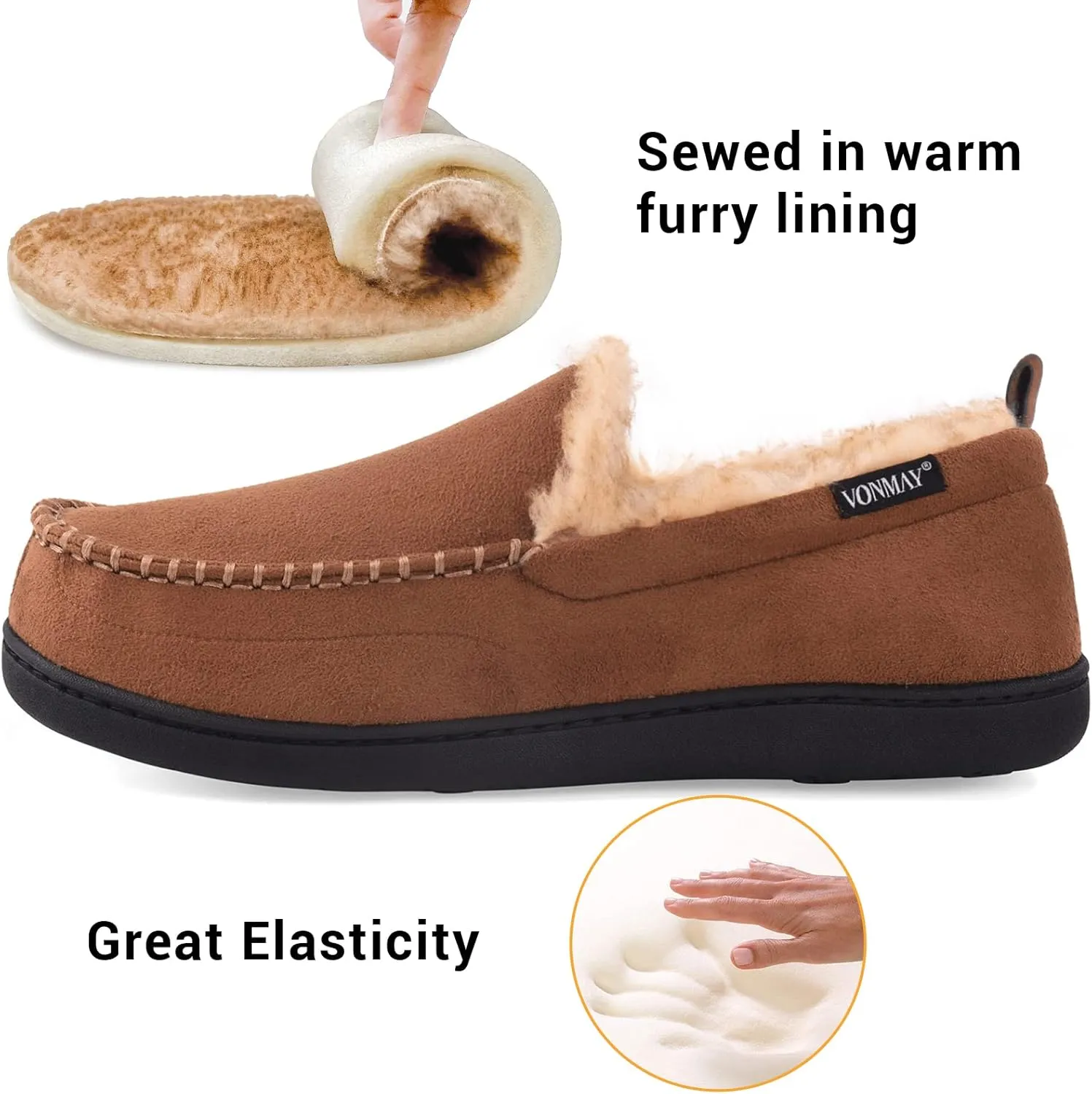 VONMAY Men's Moccasin Slippers Fuzzy House Shoes Fluffy Fur Home Warm Memory Foam Indoor Outdoor