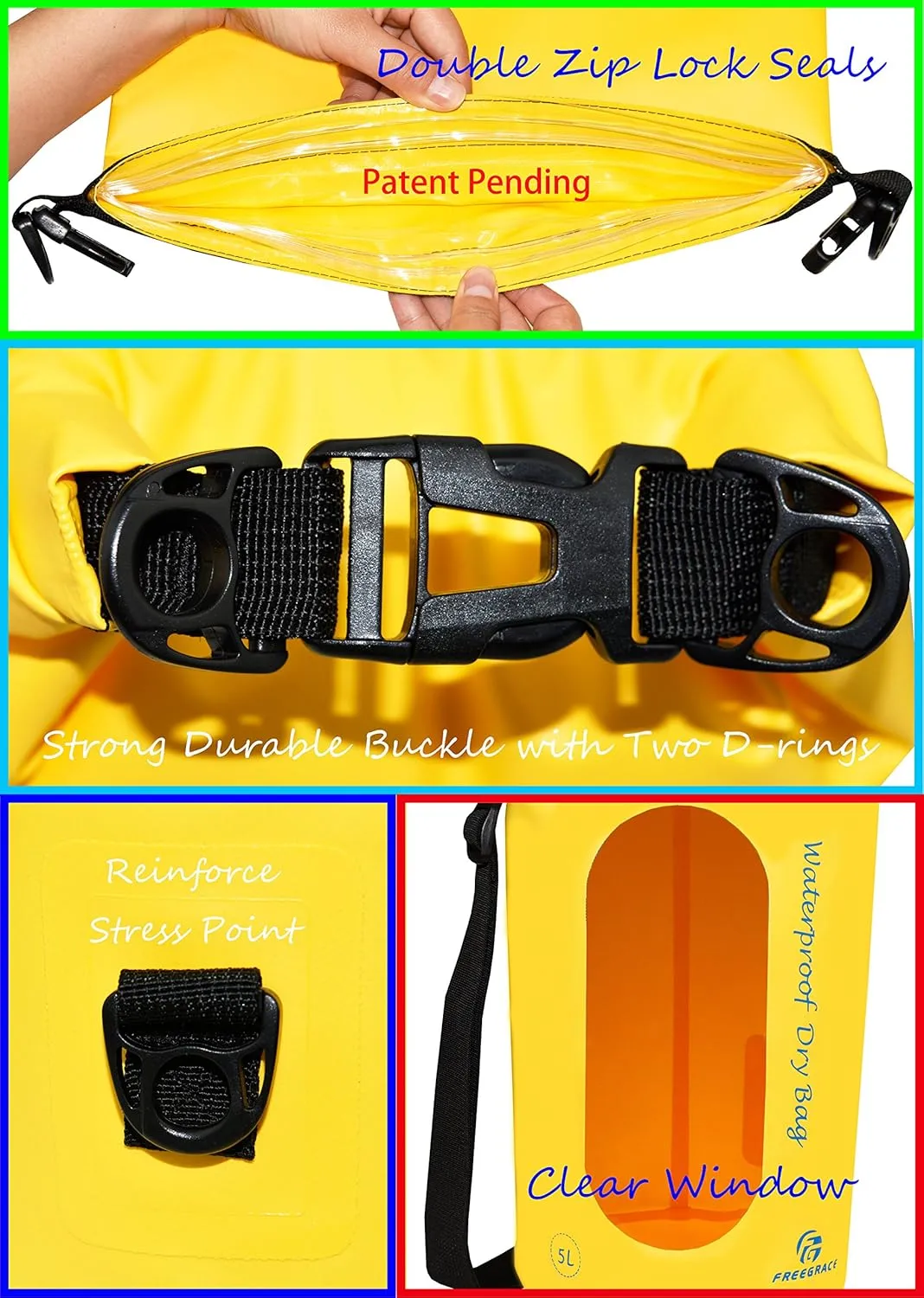 Waterproof Dry Bags Set Of 3 Dry Bag With 2 Zip Lock Seals & Detachable Shoulder Strap, Waist Pouch & Phone Case - Can Be Submerged Into Water - For Swimming (Yellow(Window), 5L)