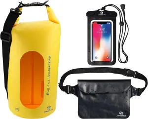 Waterproof Dry Bags Set Of 3 Dry Bag With 2 Zip Lock Seals & Detachable Shoulder Strap, Waist Pouch & Phone Case - Can Be Submerged Into Water - For Swimming (Yellow(Window), 5L)