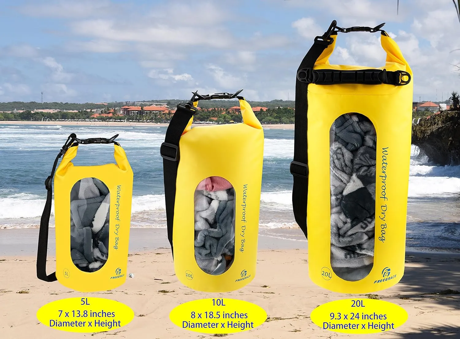 Waterproof Dry Bags Set Of 3 Dry Bag With 2 Zip Lock Seals & Detachable Shoulder Strap, Waist Pouch & Phone Case - Can Be Submerged Into Water - For Swimming (Yellow(Window), 5L)