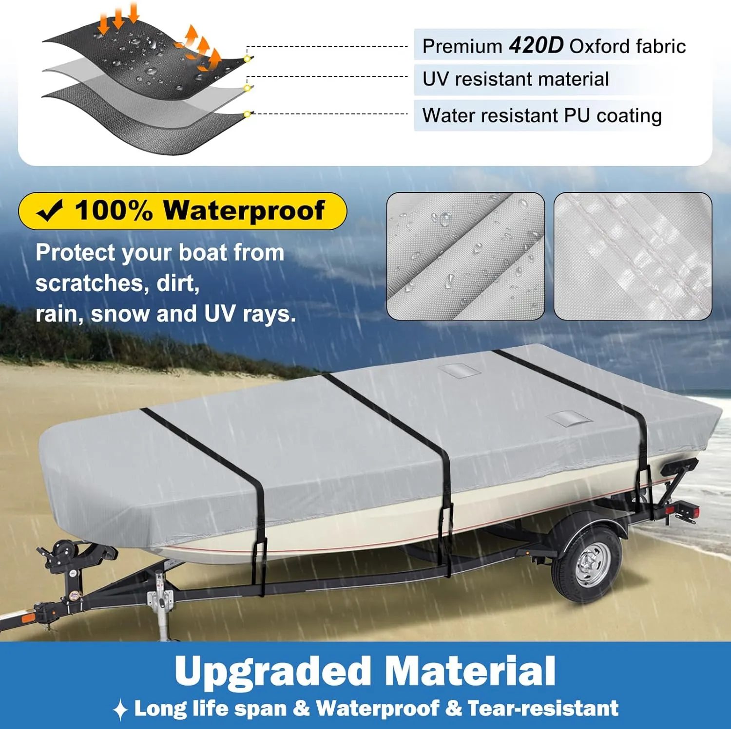 Waterproof Jon Boat Cover with Adjustable Support System, 600D Heavy Duty Trailerable Jon Boat Cover Waterproof UV Proof All Weather Protectio (14-16FT)
