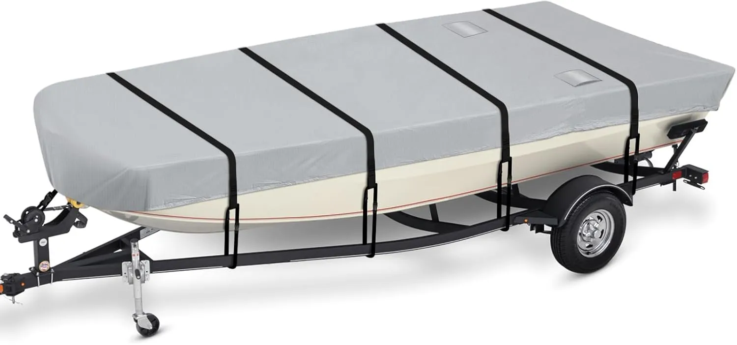 Waterproof Jon Boat Cover with Adjustable Support System, 600D Heavy Duty Trailerable Jon Boat Cover Waterproof UV Proof All Weather Protectio (14-16FT)