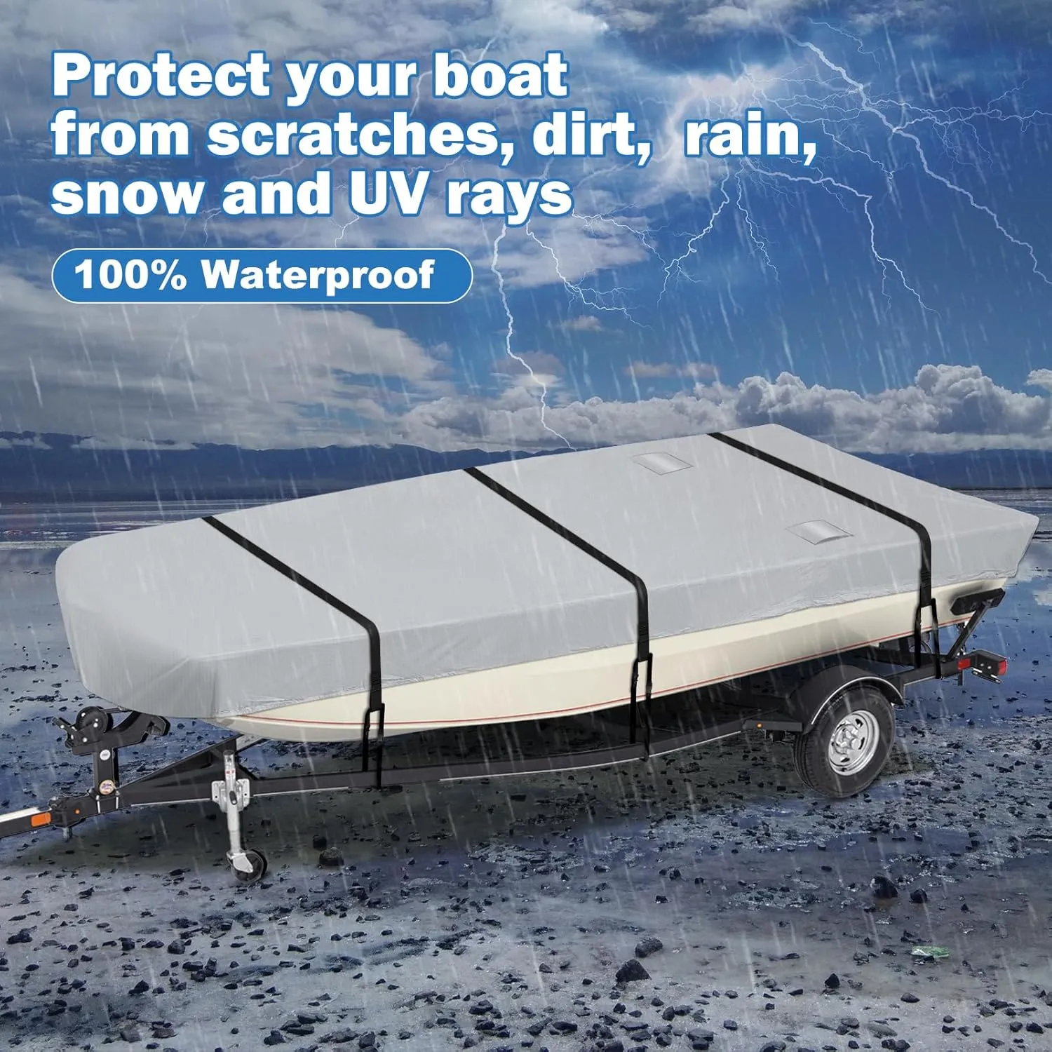 Waterproof Jon Boat Cover with Adjustable Support System, 600D Heavy Duty Trailerable Jon Boat Cover Waterproof UV Proof All Weather Protectio (14-16FT)