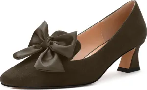 WAYDERNS Womens Bow Solid Bridal Suede Square Toe Slip On Fashion Kitten Low Heel Pumps Shoes 2 Inch