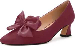 WAYDERNS Womens Bow Solid Bridal Suede Square Toe Slip On Fashion Kitten Low Heel Pumps Shoes 2 Inch