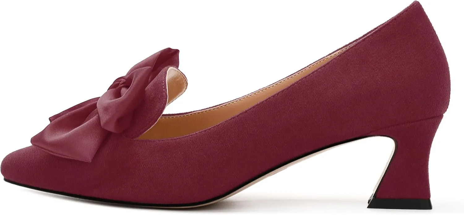 WAYDERNS Womens Bow Solid Bridal Suede Square Toe Slip On Fashion Kitten Low Heel Pumps Shoes 2 Inch