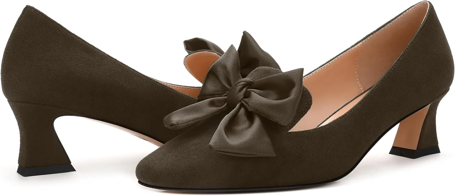 WAYDERNS Womens Bow Solid Bridal Suede Square Toe Slip On Fashion Kitten Low Heel Pumps Shoes 2 Inch