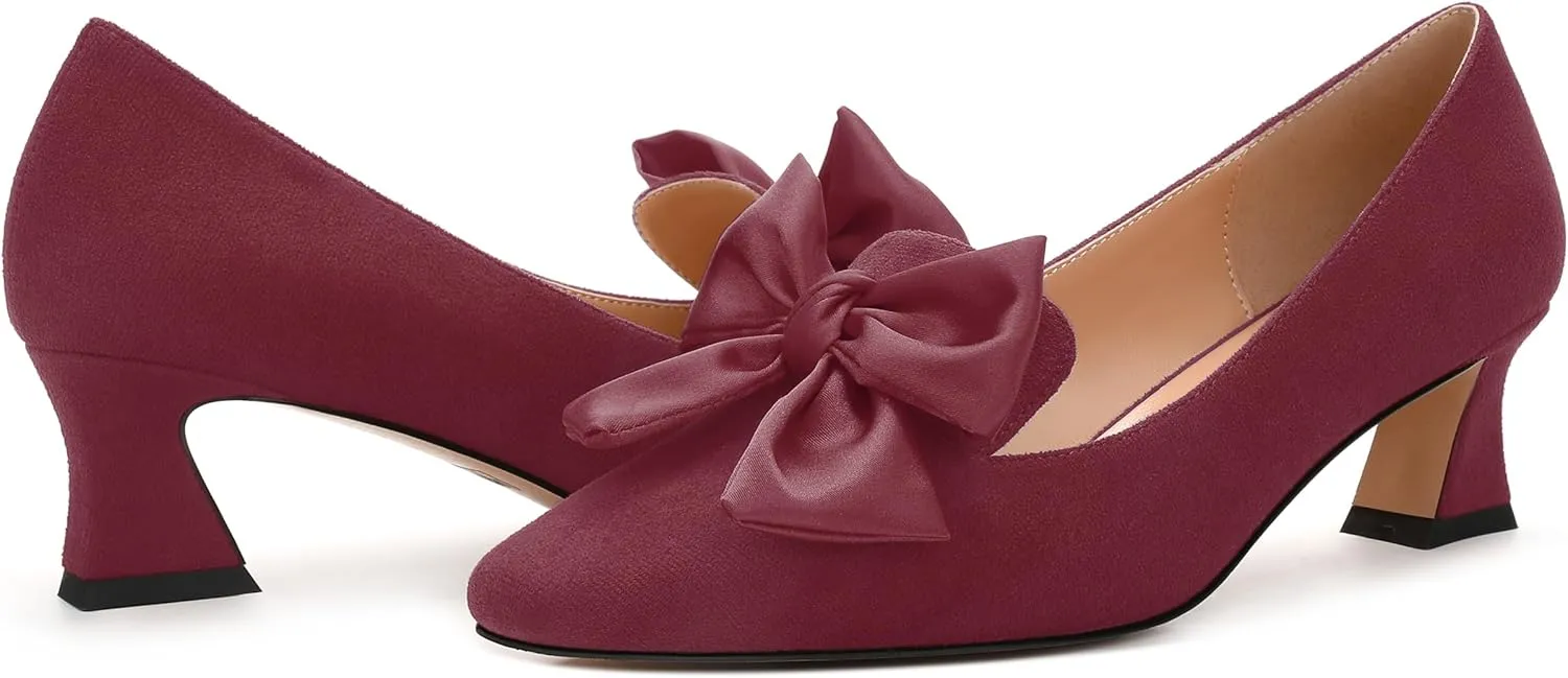 WAYDERNS Womens Bow Solid Bridal Suede Square Toe Slip On Fashion Kitten Low Heel Pumps Shoes 2 Inch