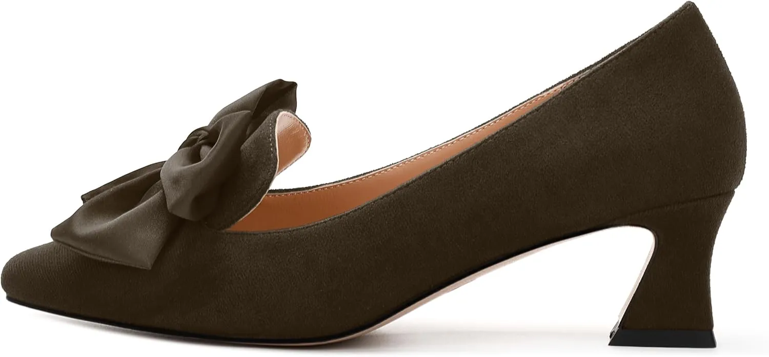 WAYDERNS Womens Bow Solid Bridal Suede Square Toe Slip On Fashion Kitten Low Heel Pumps Shoes 2 Inch