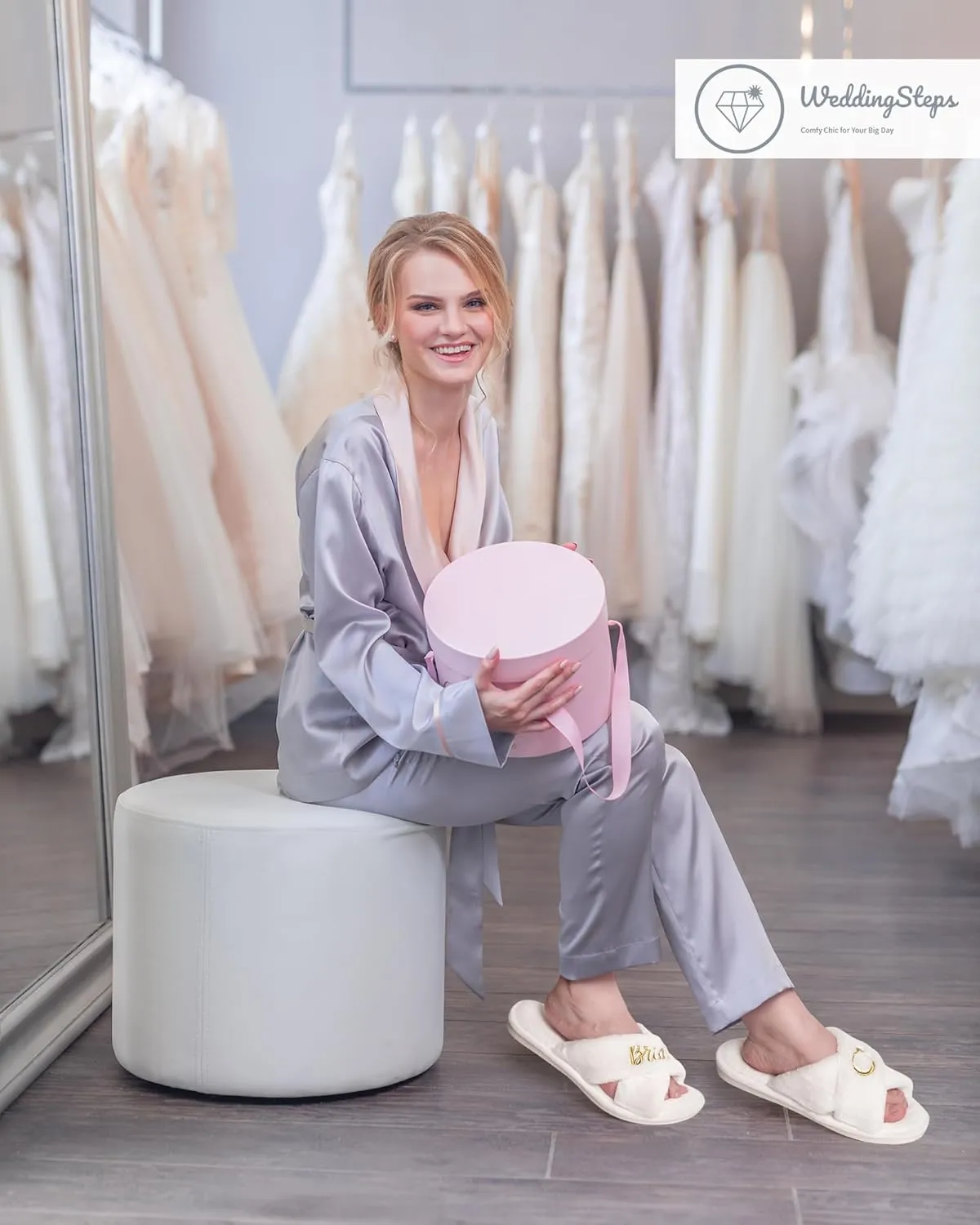 WeddingSteps Bride-to-Be Slippers - Comfy and Stylish Bridal Footwear with Elegant White Fur and Embroidery - Perfect Bachelorette Gift