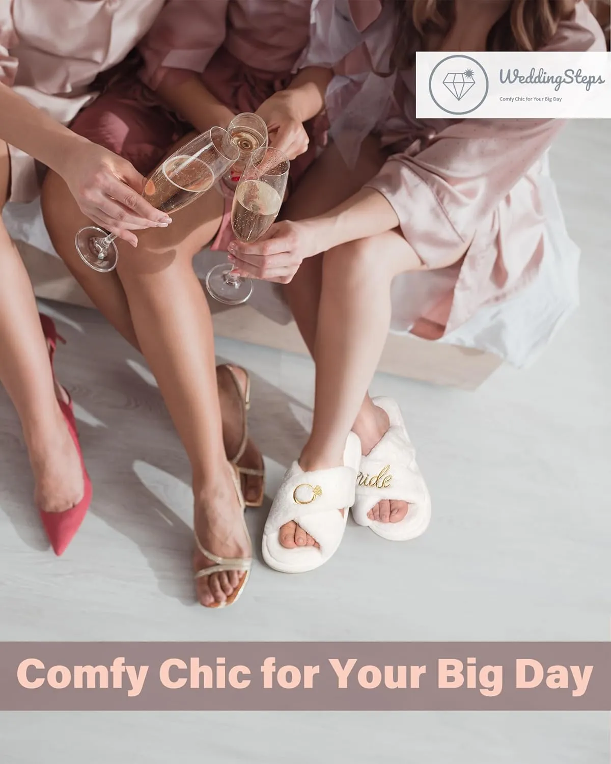 WeddingSteps Bride-to-Be Slippers - Comfy and Stylish Bridal Footwear with Elegant White Fur and Embroidery - Perfect Bachelorette Gift