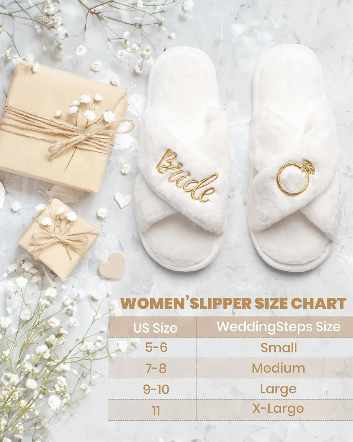 WeddingSteps Bride-to-Be Slippers - Comfy and Stylish Bridal Footwear with Elegant White Fur and Embroidery - Perfect Bachelorette Gift