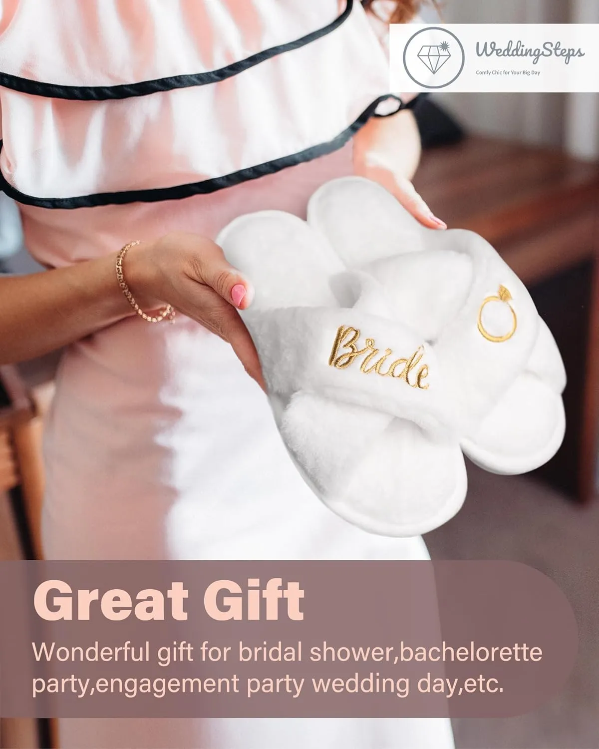 WeddingSteps Bride-to-Be Slippers - Comfy and Stylish Bridal Footwear with Elegant White Fur and Embroidery - Perfect Bachelorette Gift