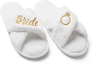 WeddingSteps Bride-to-Be Slippers - Comfy and Stylish Bridal Footwear with Elegant White Fur and Embroidery - Perfect Bachelorette Gift