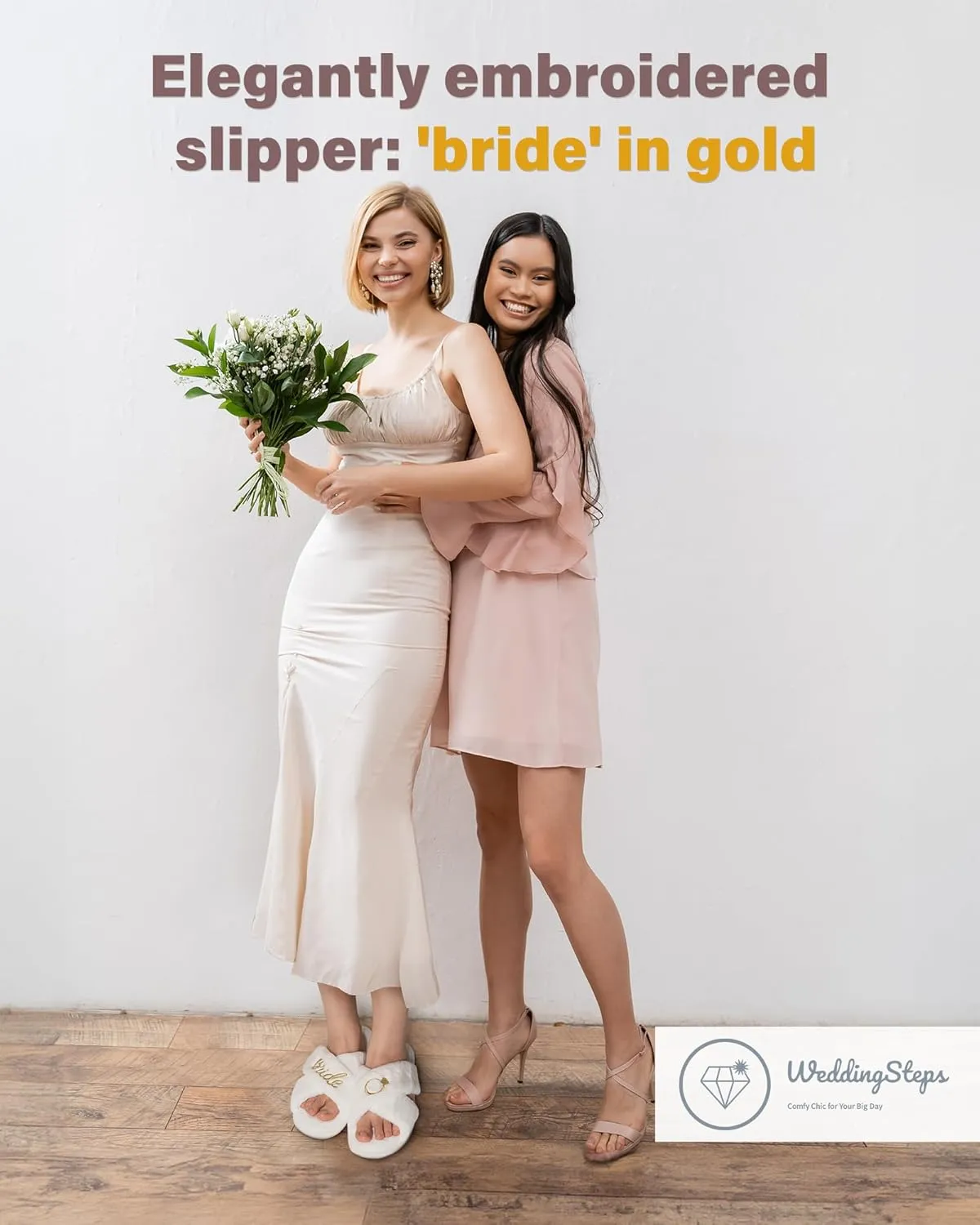 WeddingSteps Bride-to-Be Slippers - Comfy and Stylish Bridal Footwear with Elegant White Fur and Embroidery - Perfect Bachelorette Gift