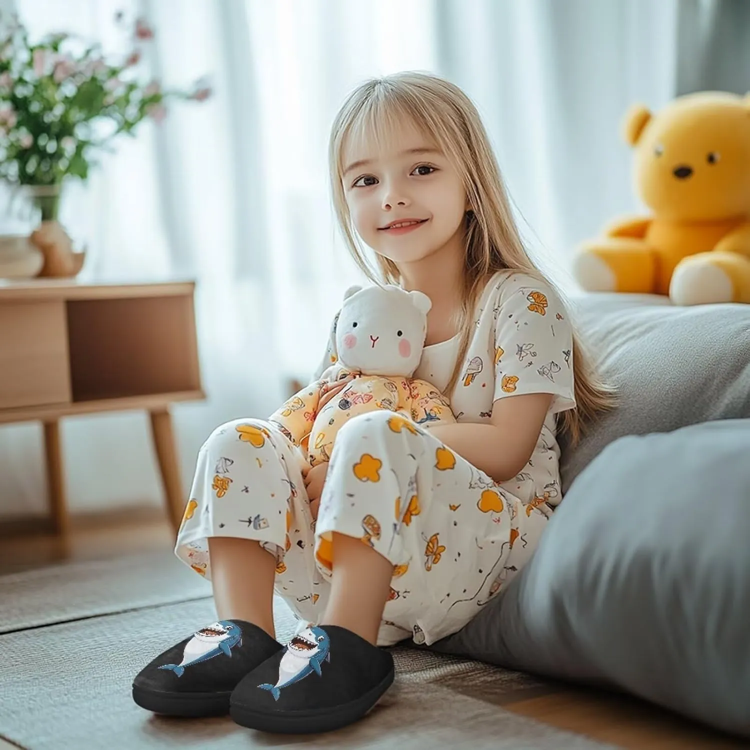 Winter Fuzzy Slippers for Kids, Soft Comfy House Slippers for Bedroom, Closed Toe Anti-Skid Scuff Slippers