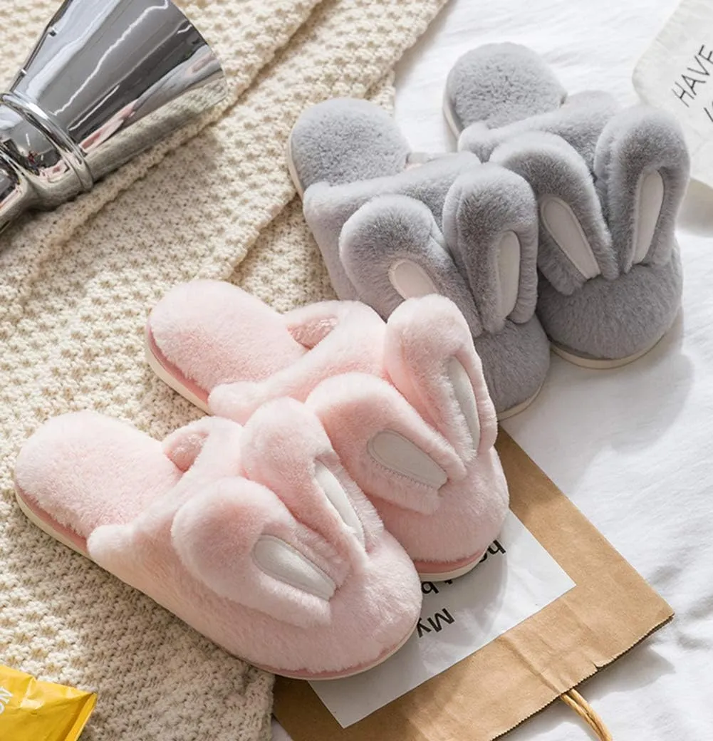 Women Cute Rabbit Ear Plush Slippers House Non-Slip Fluffy Bunny Slipper Indoor Warm Plush Animal Shoes